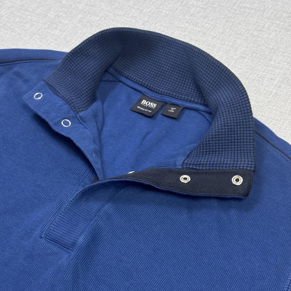 Hugo Boss Henley Pullover Sweater Mens Large Blue Cotton Snap Button